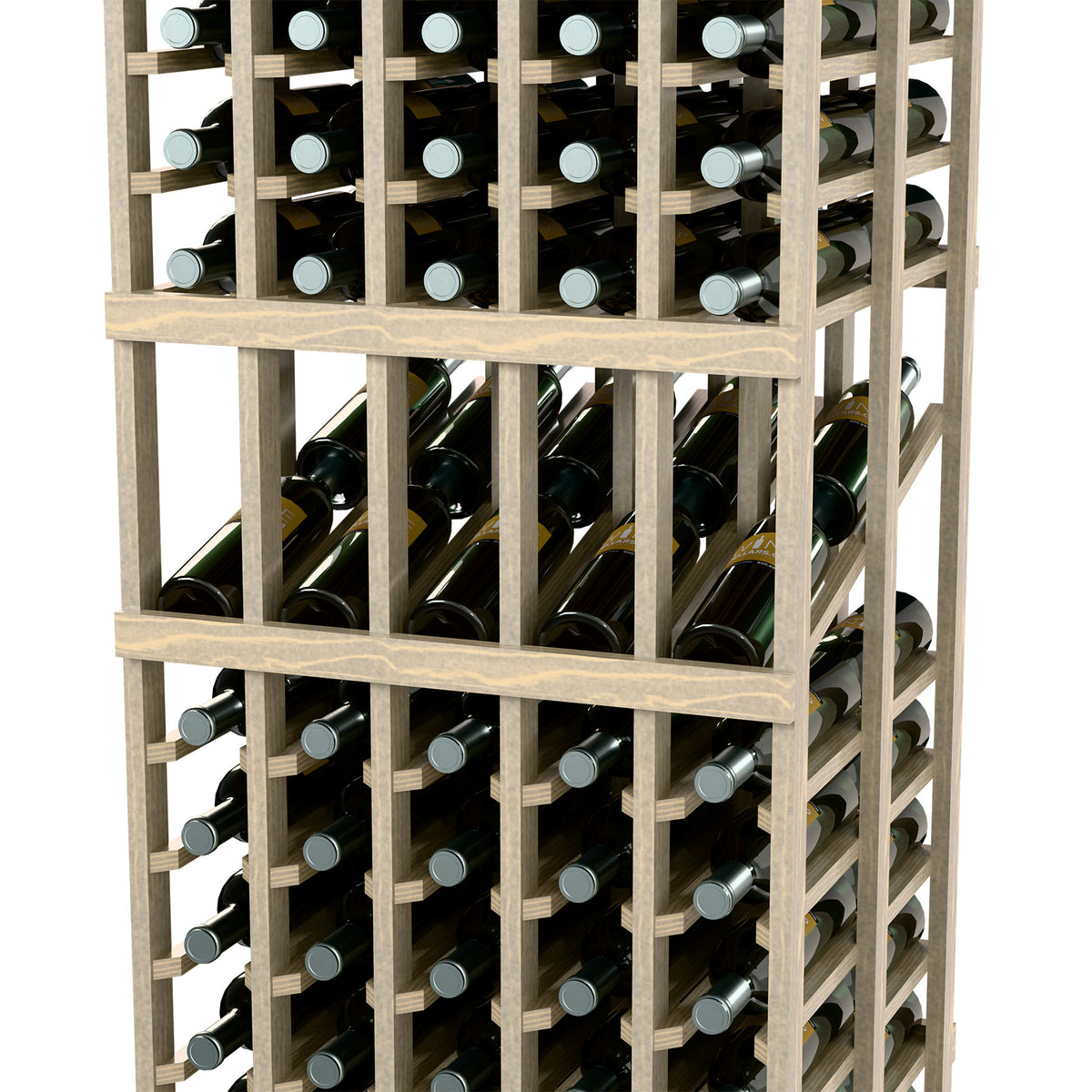 Wine bottle display rack, close-up of 5-column double-depth rows with light gray frame
