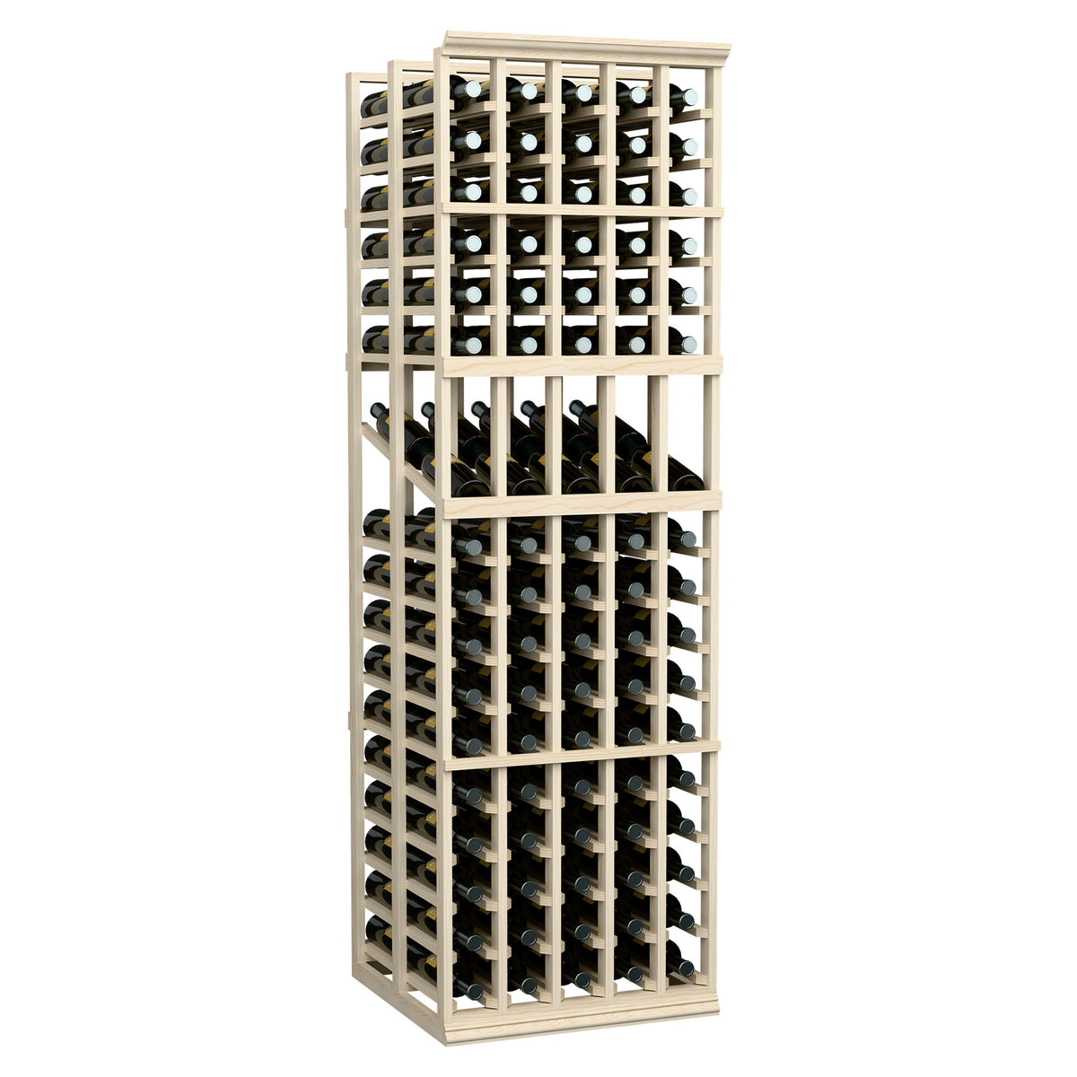 Wine bottle display rack with 5 columns and double-depth storage, pale wood frame