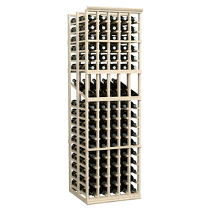 Wine bottle display rack with 5 columns and double-depth storage, pale wood frame