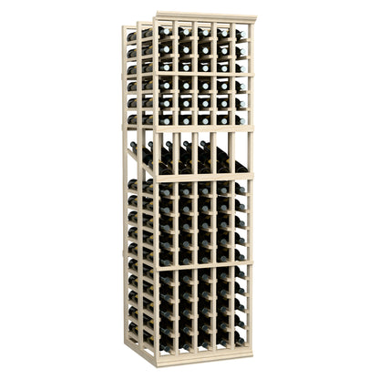 Wine bottle display rack with 5 columns and double-depth storage, pale wood frame