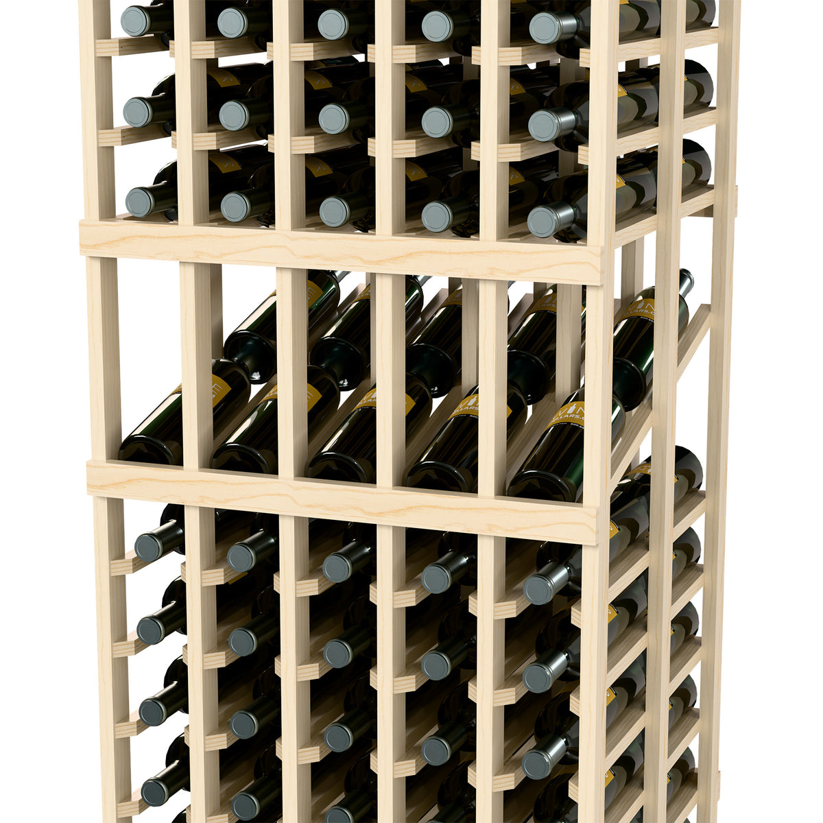 Wine bottle display rack, close-up of 5-column double-depth rows with pale wood frame