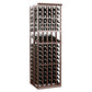 Wine display rack with dual rows of wine bottles, dark wood frame and grid shelves.