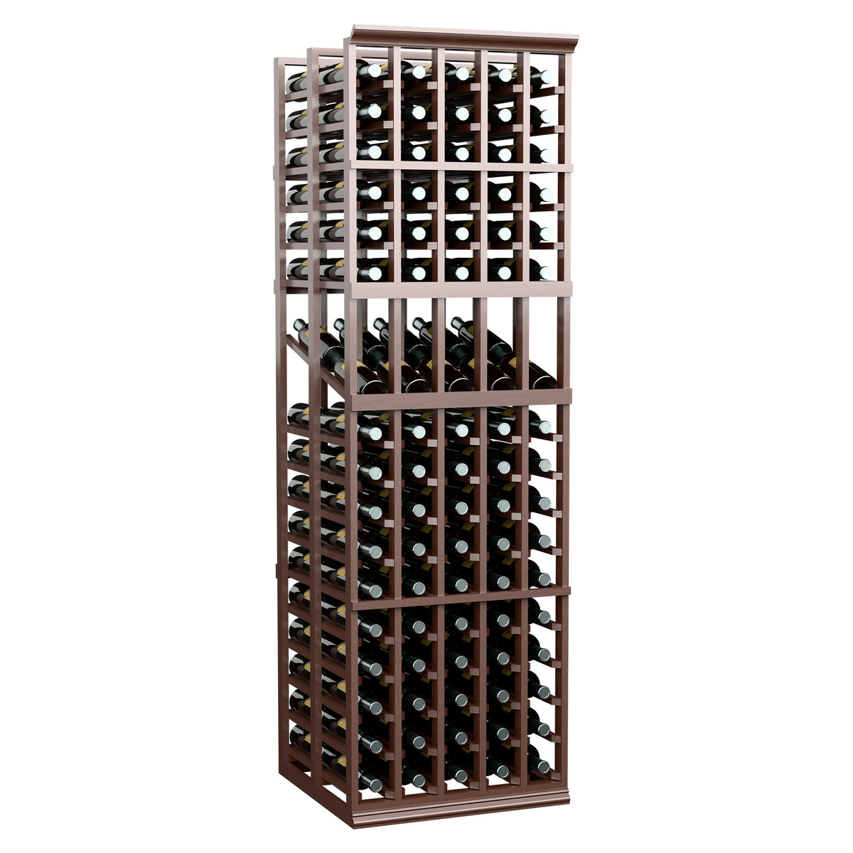 Wine display rack with dual rows of wine bottles, dark wood frame and grid shelves.