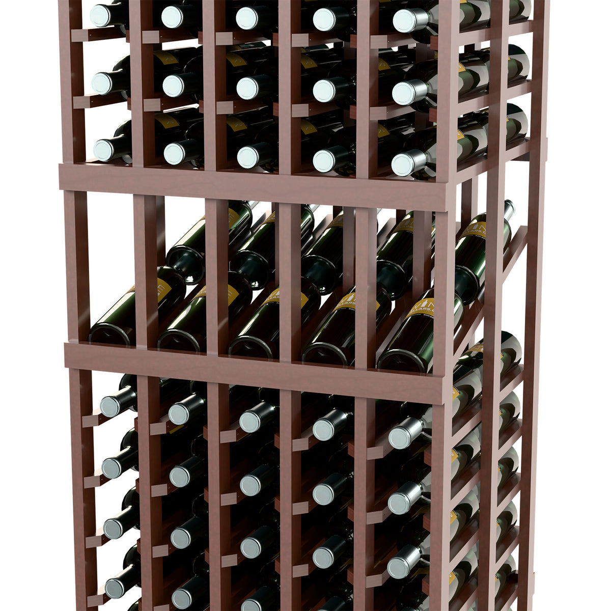 Wine display rack close-up with grid shelves holding dark wine bottles, dark wood frame.