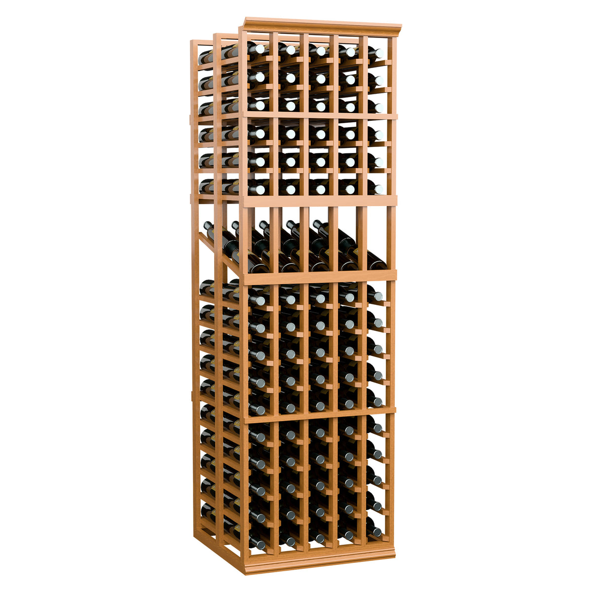 Wine display rack with dual rows of wine bottles, warm light wood frame and grid shelves.