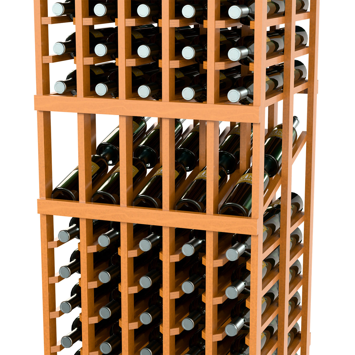 Wine display rack close-up with grid shelves holding wine bottles, warm light wood frame.