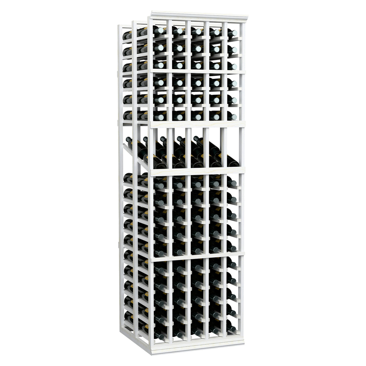 Wine display rack with dual rows of wine bottles, white-finished frame and grid shelves.