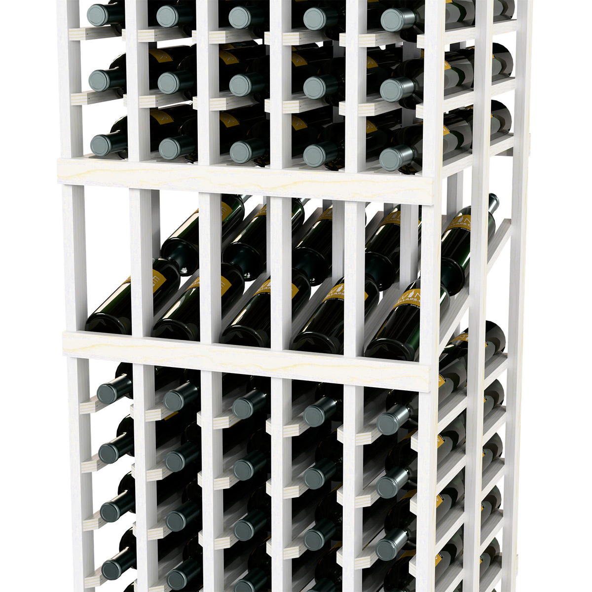 Wine display rack close-up with grid shelves holding wine bottles, white-finished frame.