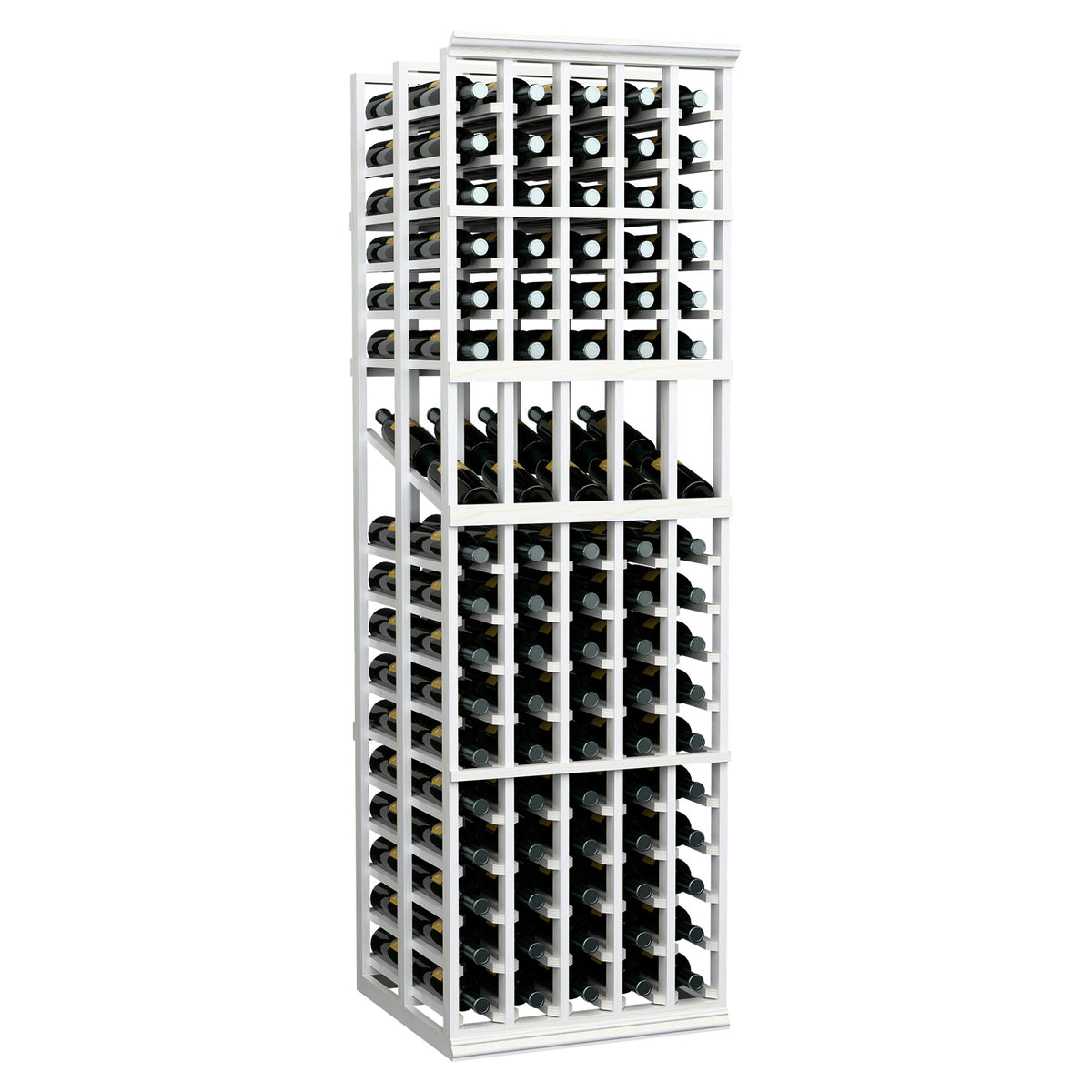 Wine display rack with dual rows of wine bottles, white-finished frame and bottle grid.