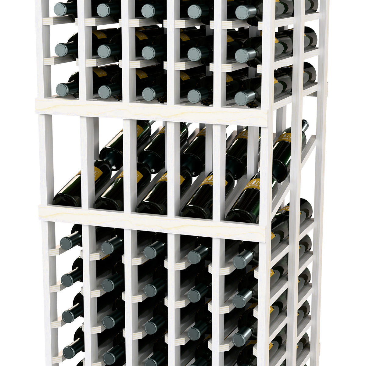 Wine display rack close-up with grid shelves holding wine bottles, white-finished frame.