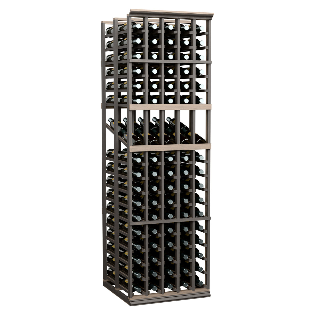 5-column double-deep wine display rack with dark frame and metal grid