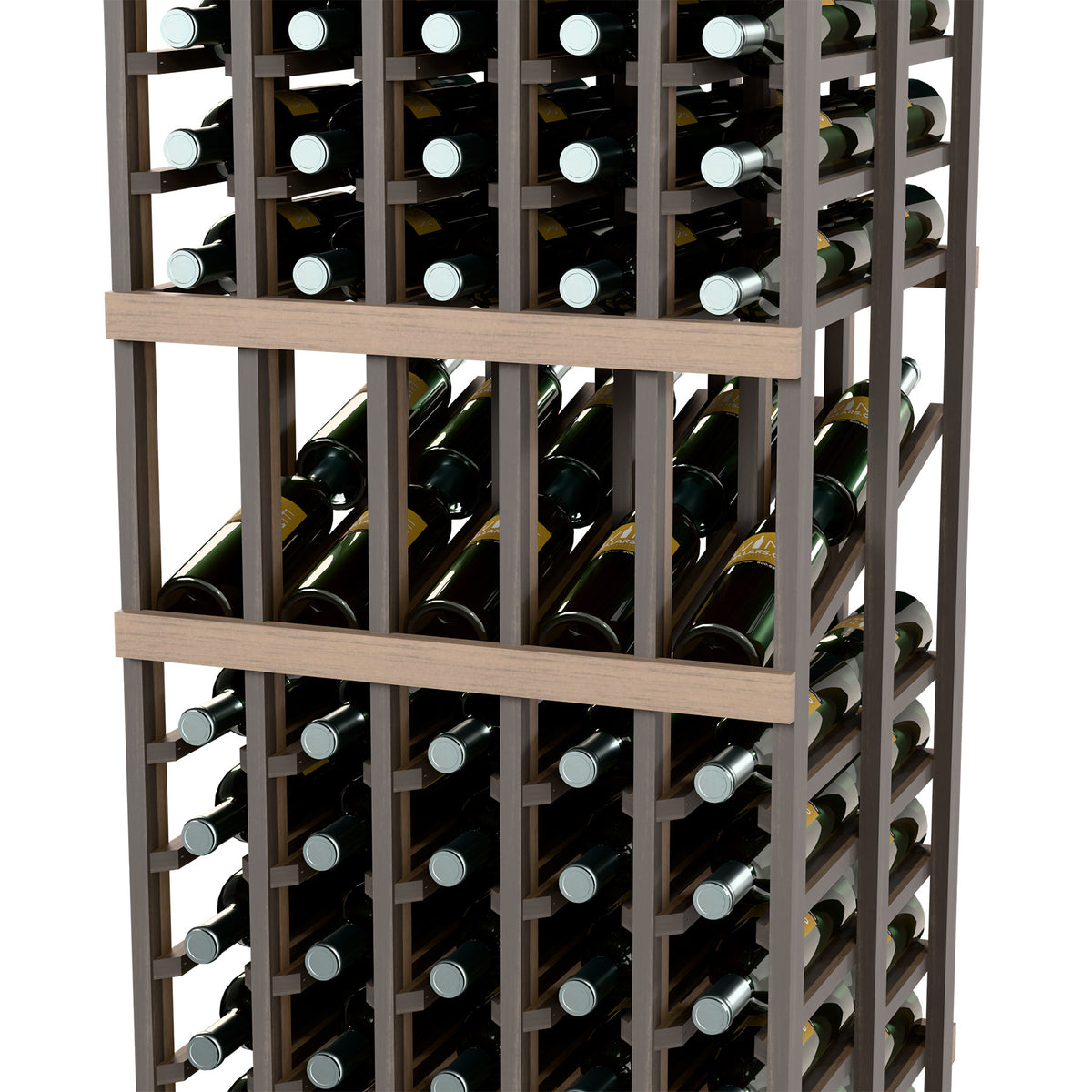 Wine display rack showing front bottle rows with dark frame and horizontal rails