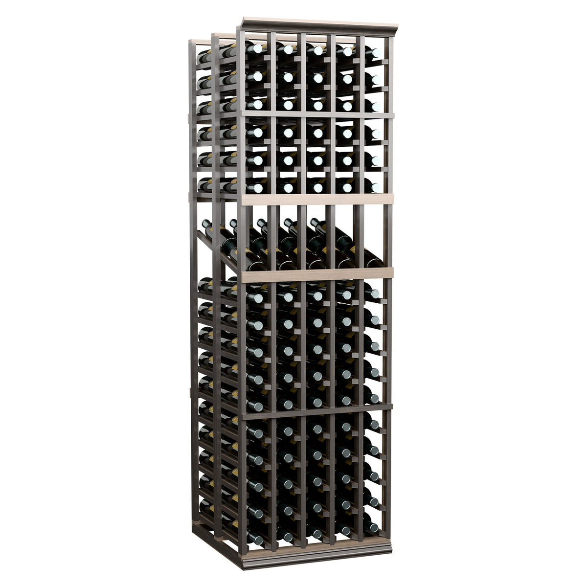 5-column double-deep wine display rack with dark frame and wine bottles inside