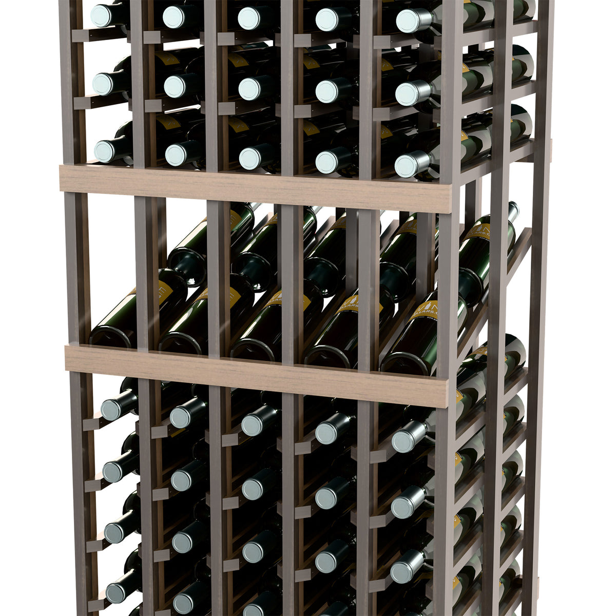 Wine rack front view with dark frame and labeled bottle necks on metal holders