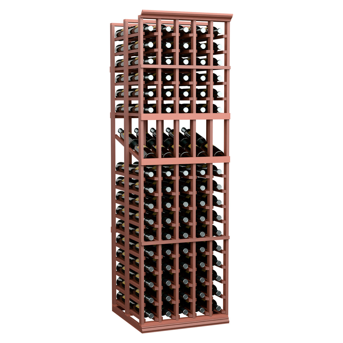 5-column double-deep wine display rack with reddish-brown frame and bottle storage