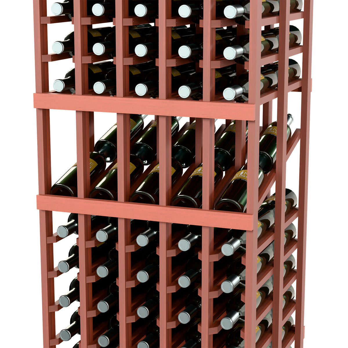 Wine display rack close-up with reddish frame, front bottle rows, and rails