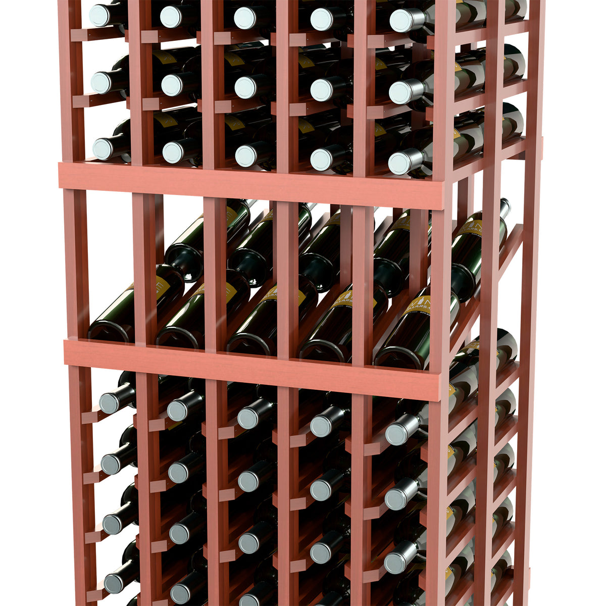 Wine rack front close-up with reddish frame and stacked bottle storage compartments