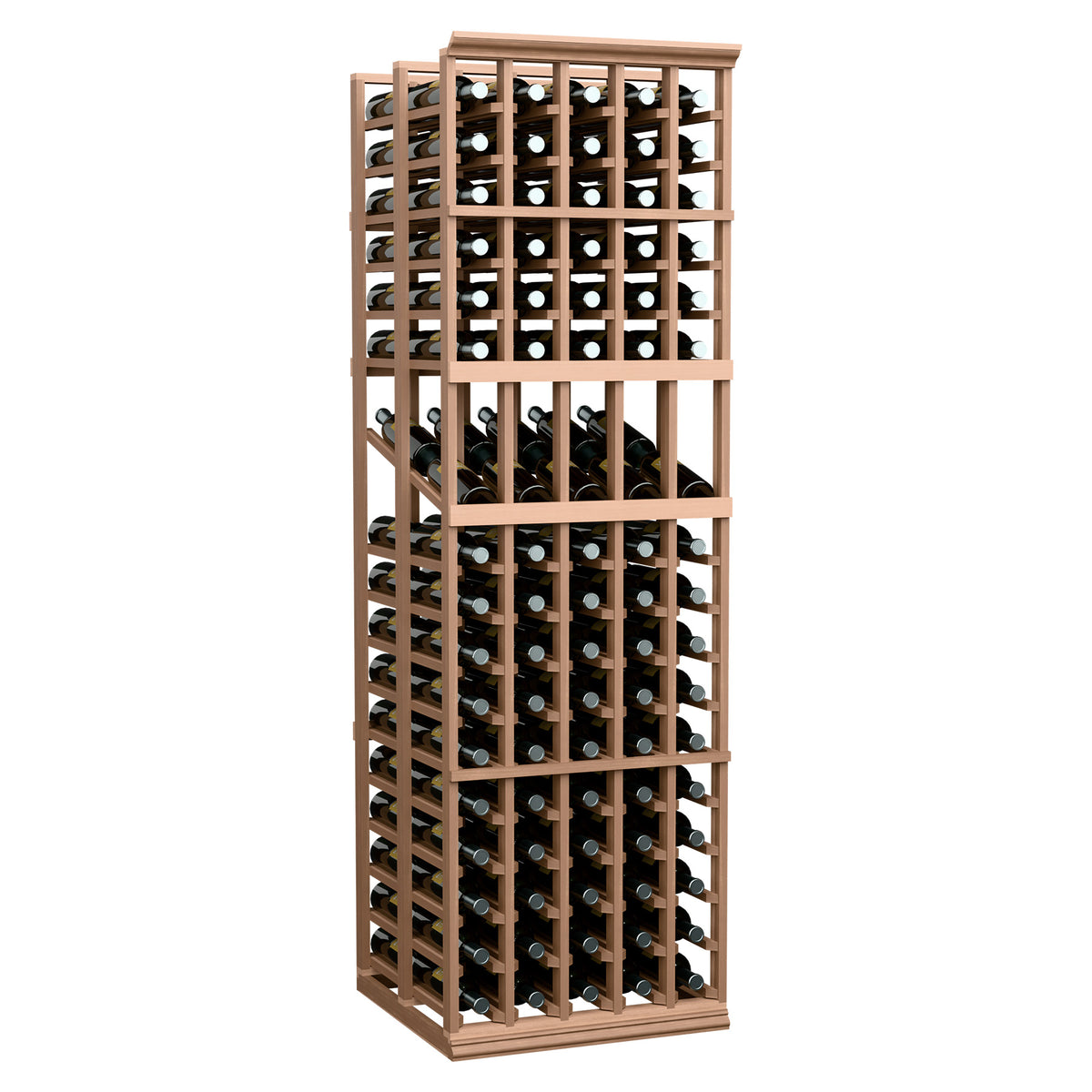 5-column double-deep wine display rack with light wood frame and bottle compartments