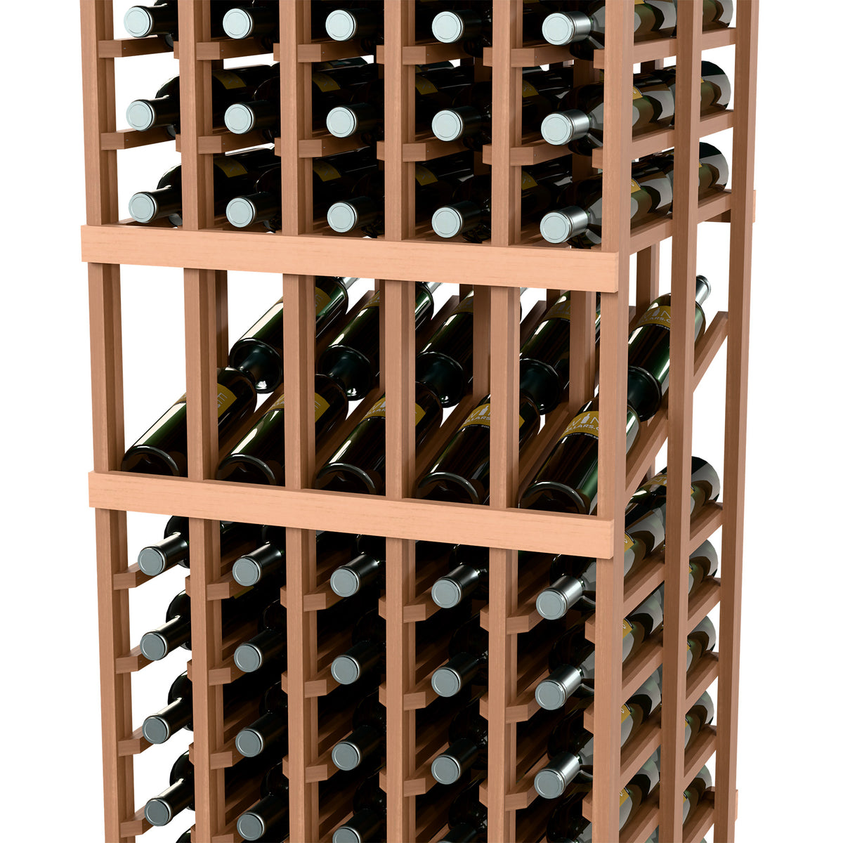 Wine display rack close-up with light frame, front bottle rows, and horizontal rails