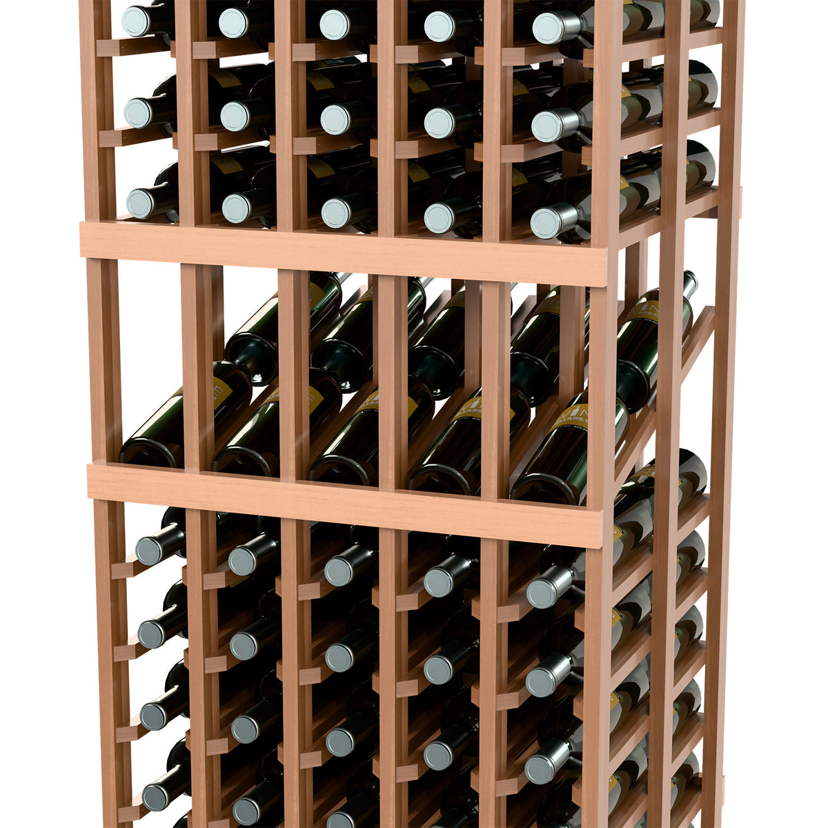 Light wood wine bottle display rack close-up with rows of green bottles and caps