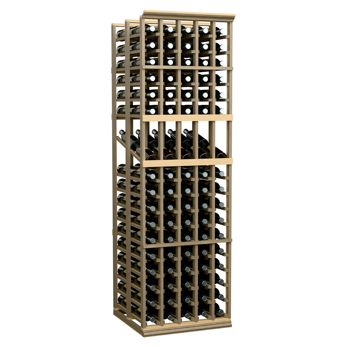 Light wood wine bottle display rack front view with multi-tier bottle compartments