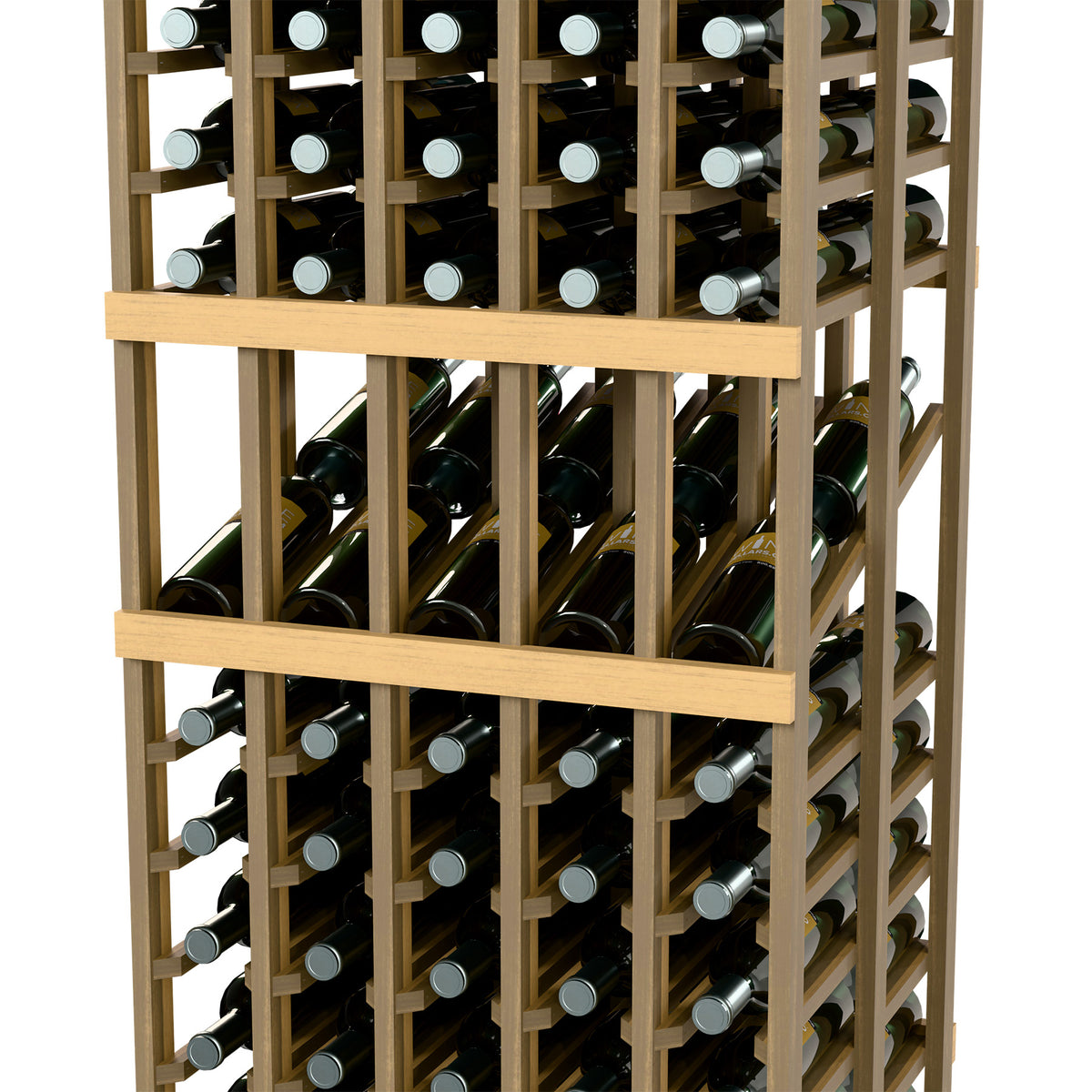 Light wood wine bottle display rack close-up with bottle rows behind lattice frame