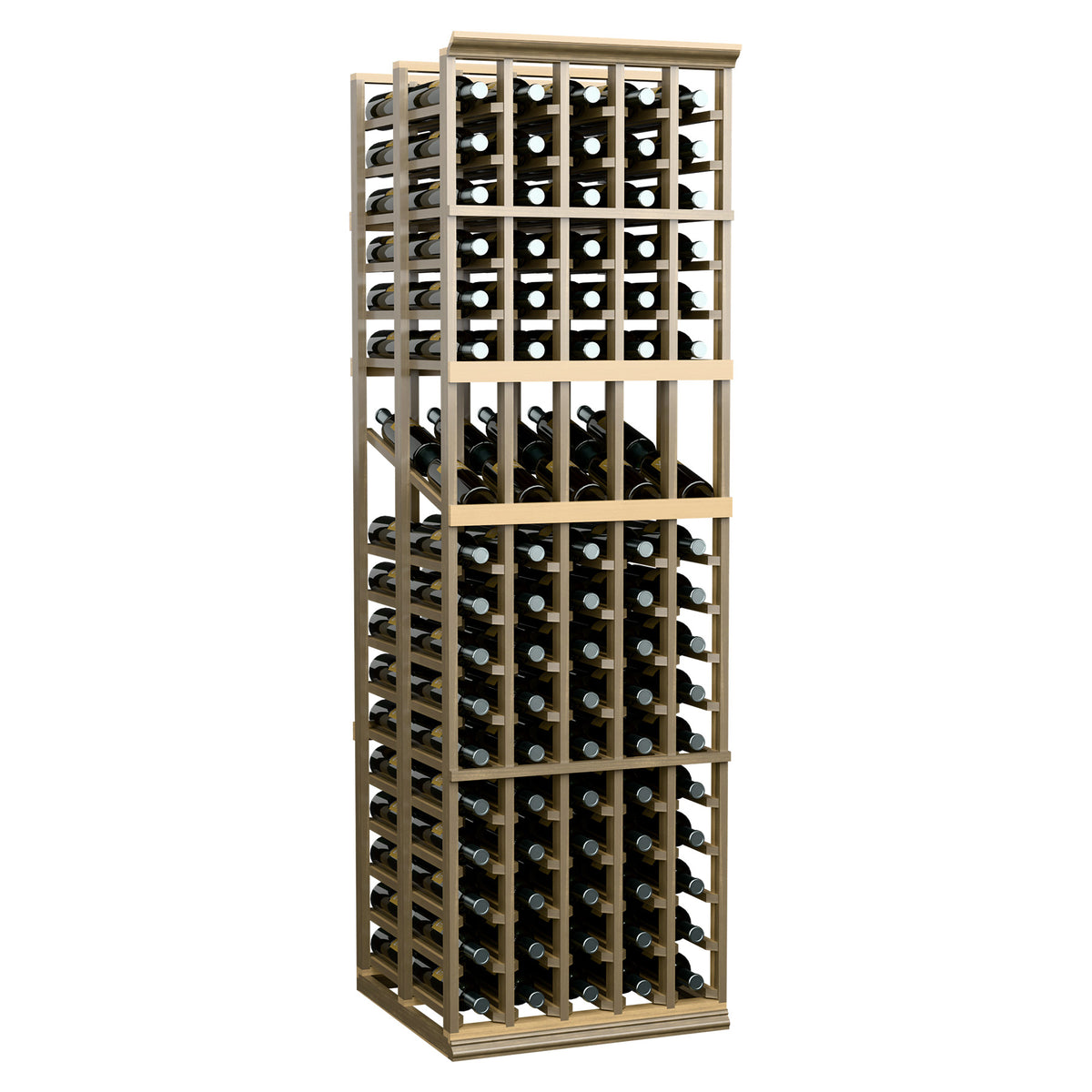 Light wood wine bottle display rack with open rectangular grid and bottle slots