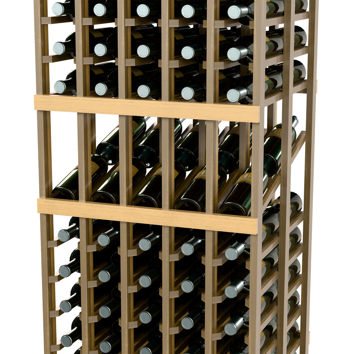 Light wood wine bottle display rack close-up showing green bottles in grid rows