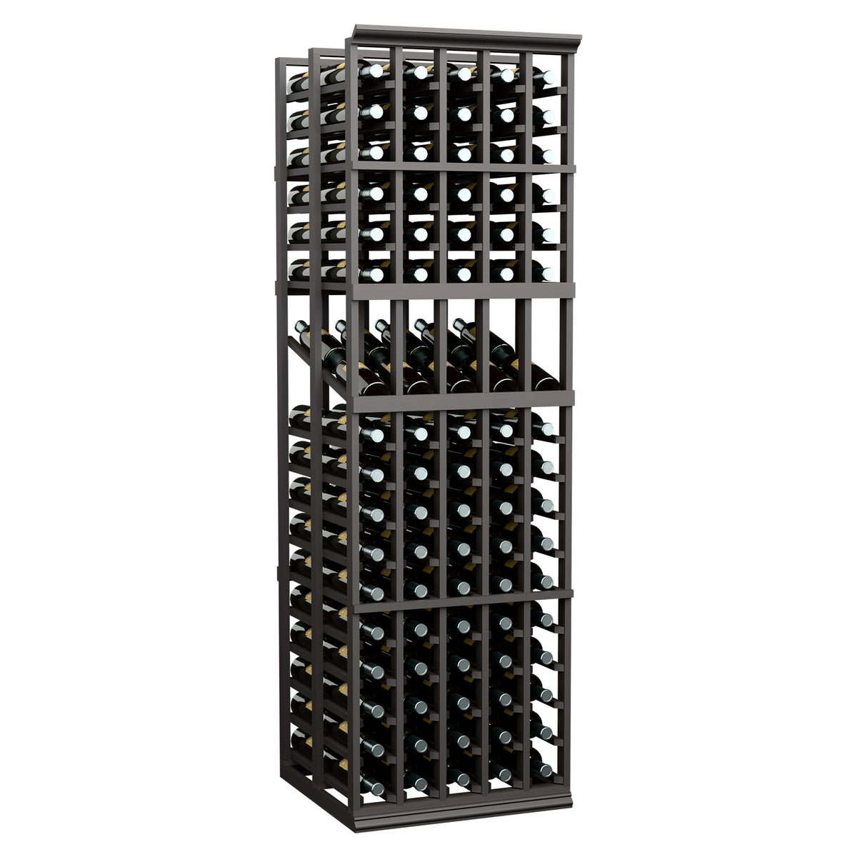 Dark wine bottle display rack with open grid shelves holding multiple bottle rows