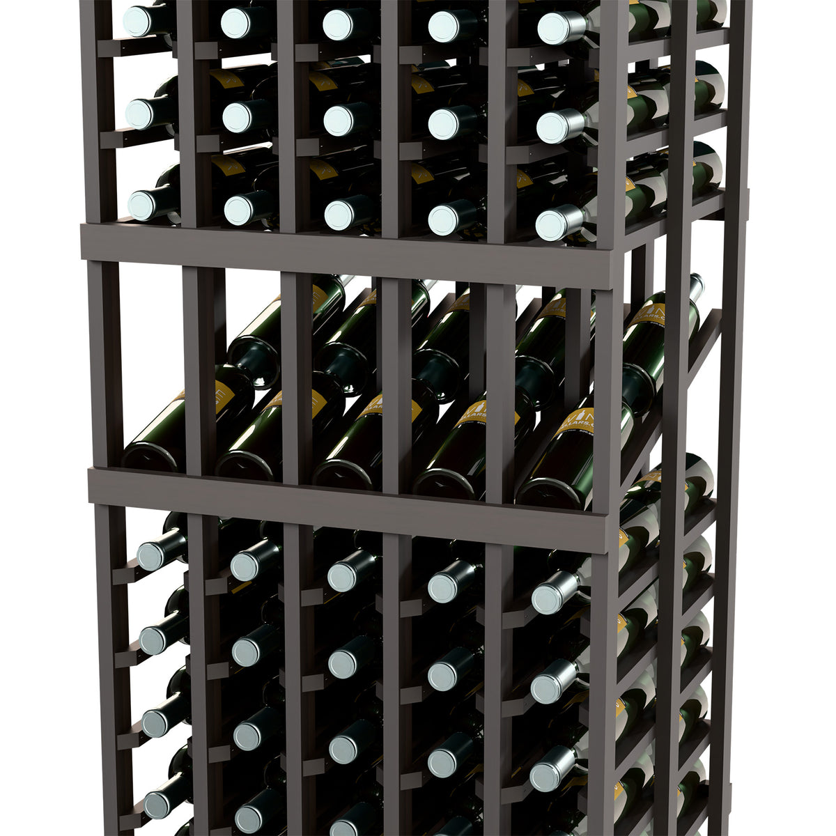 Dark wine bottle display rack close-up with rows of green bottles and silver caps