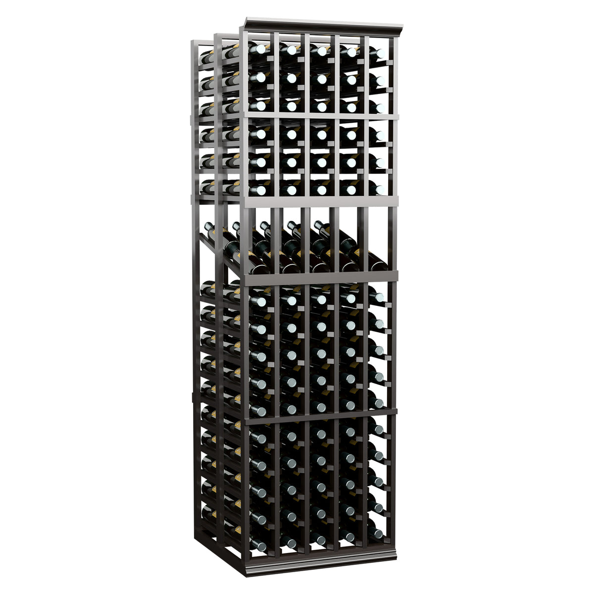 Dark wine bottle display rack front view with multi-tier bottle compartments