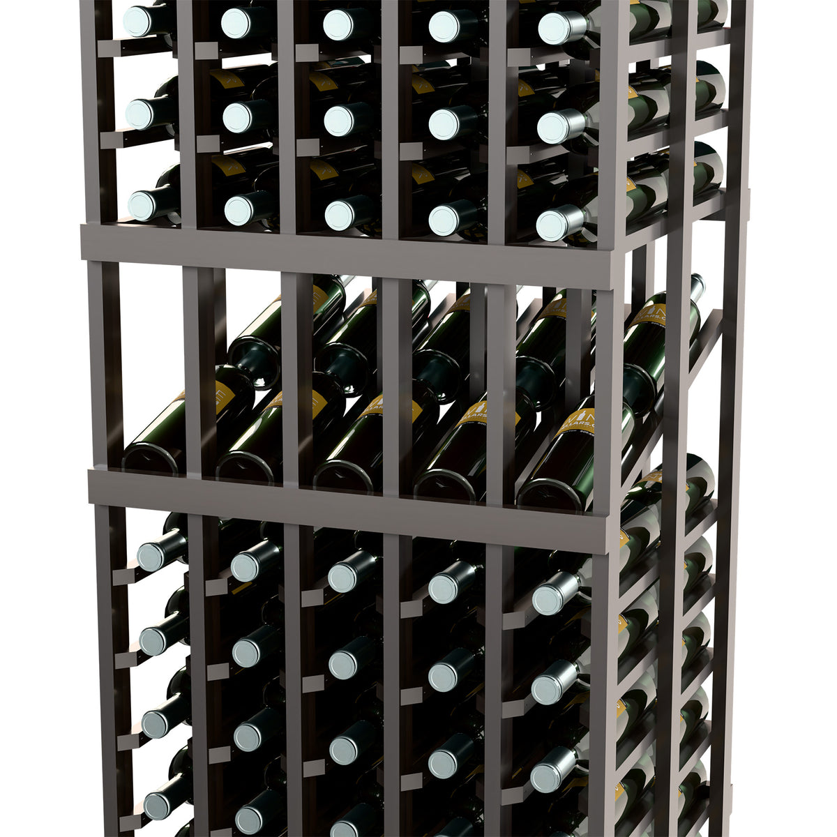 Dark wine bottle display rack close-up showing bottle rows behind lattice frame