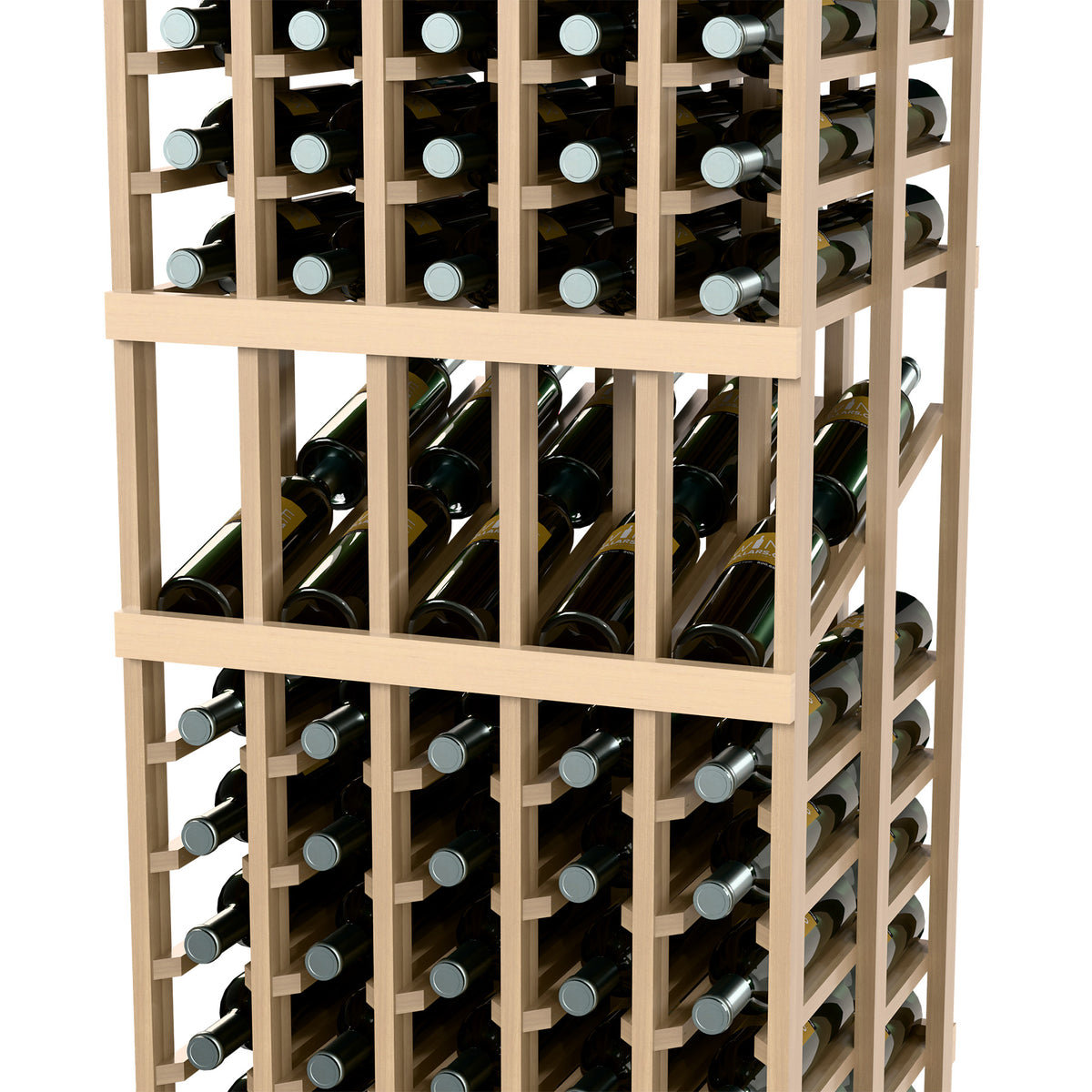 Wood wine rack shelf close-up with bottles and caps, double-deep front and side rows