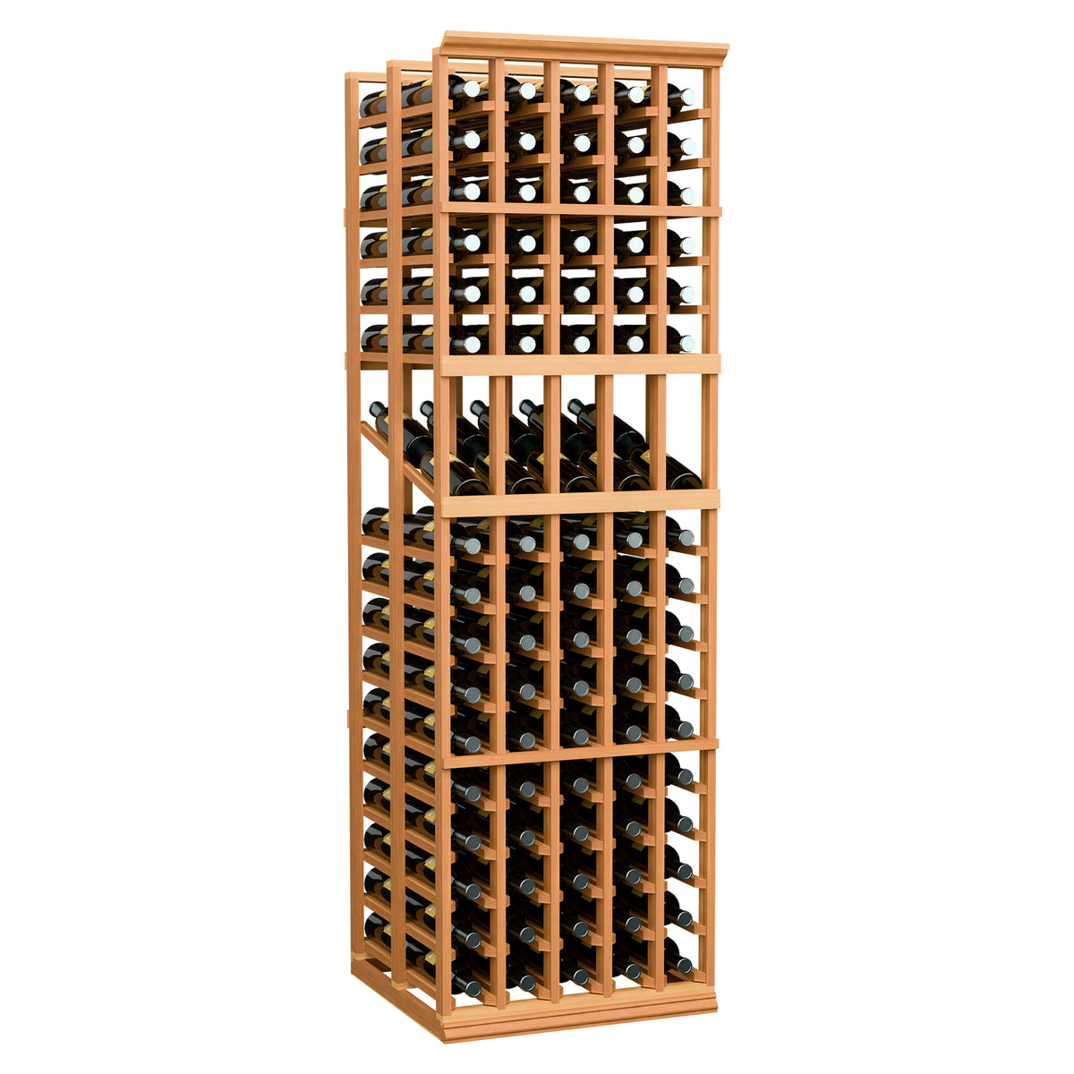 5-column double-deep wine display rack in light wood, bottles in front and back grid