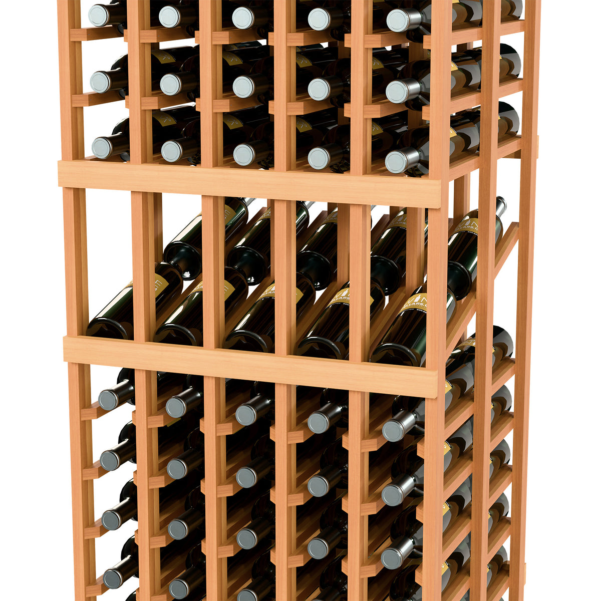 Light wood wine rack close-up showing bottle necks and caps in front section grid