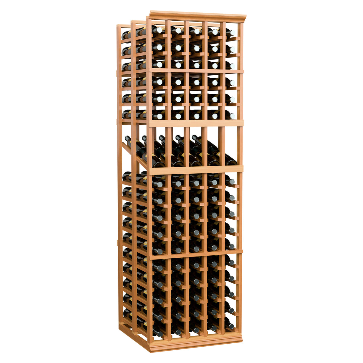 Light wood wine display rack with bottles, stacked cubbies in a double-deep grid