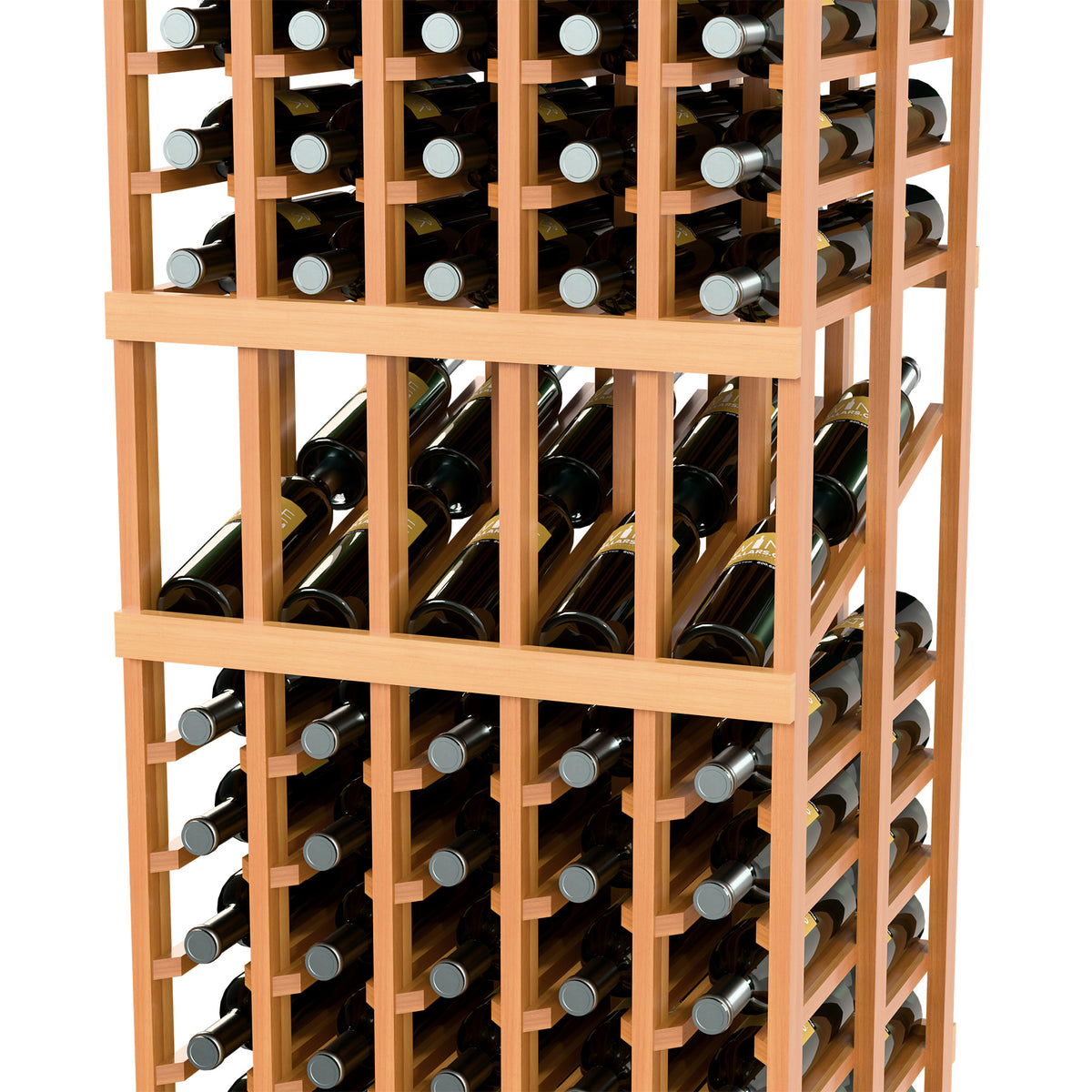Light wood wine rack close-up with bottles, silver caps, front grid and side cells