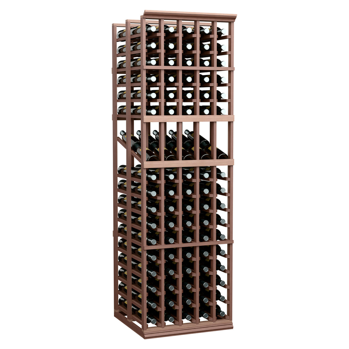 5-column double-deep wine display rack with bottles in a dark-stained wood frame
