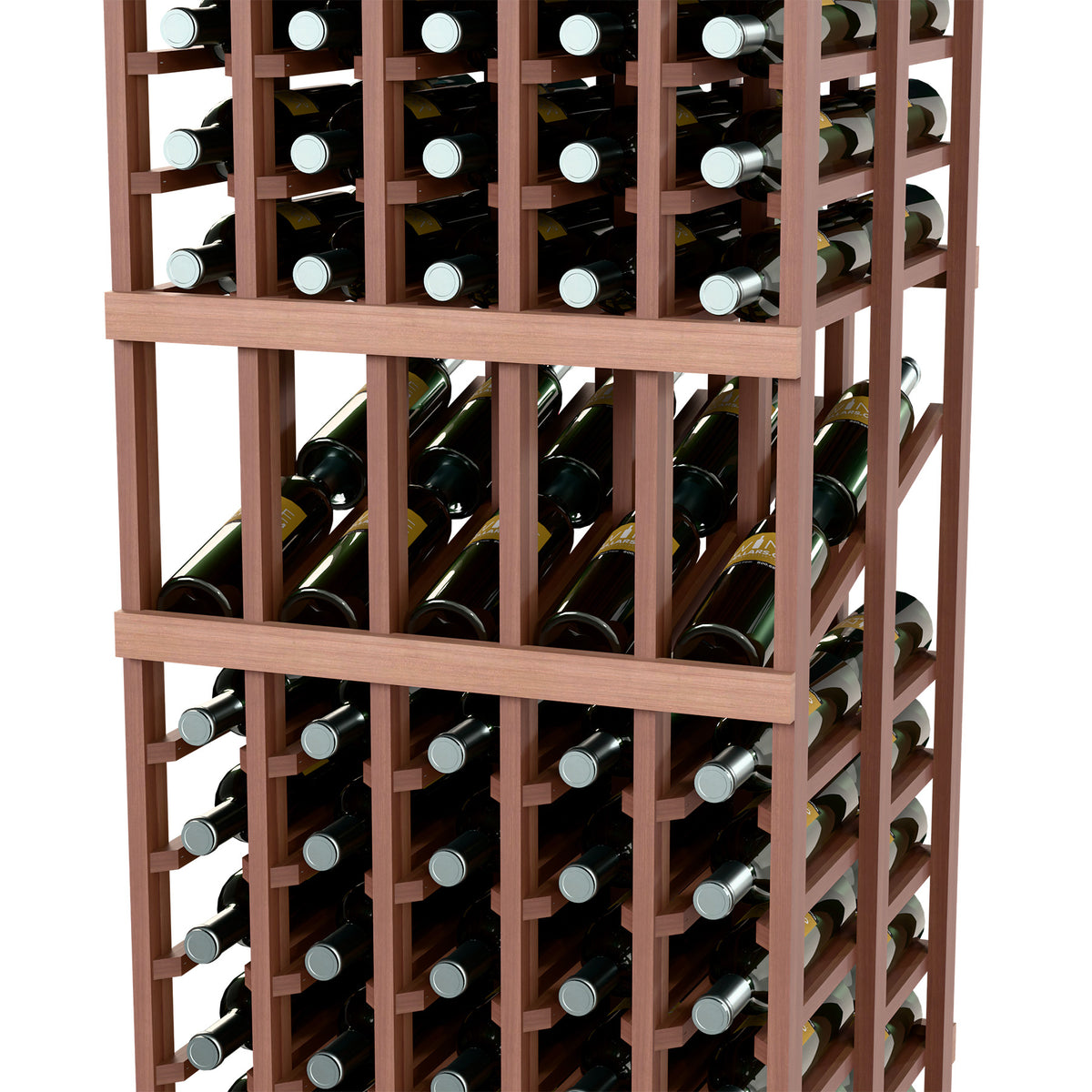 Dark-stained wine rack close-up with bottles and caps in double-deep grid cells