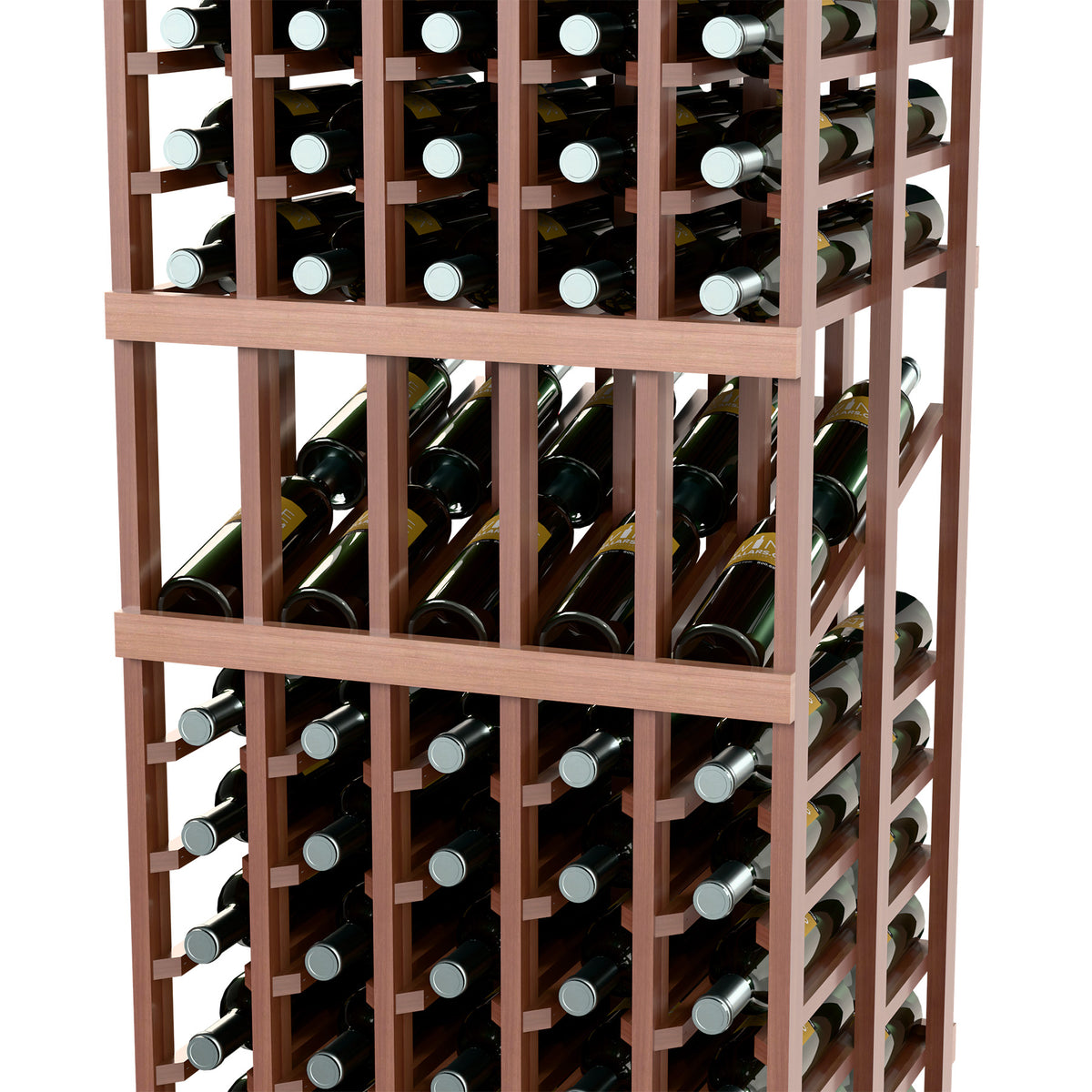 Wine display rack close-up, dark wood bottle slots with green and black bottles