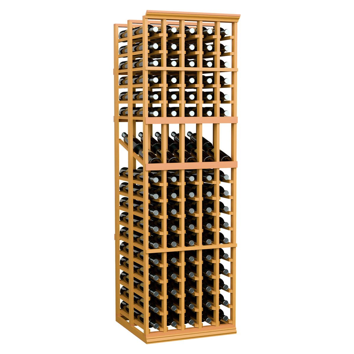 Wine display rack with bottle slots, honey-colored wood frame holding bottles
