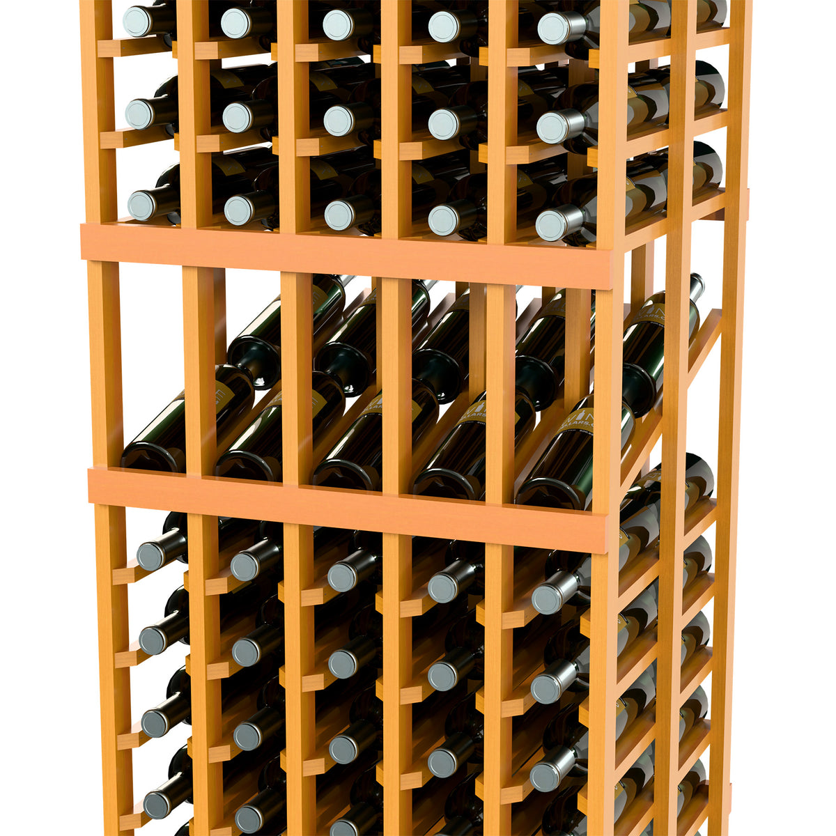 Wine display rack close-up, natural wood bottle slots holding green wine bottles