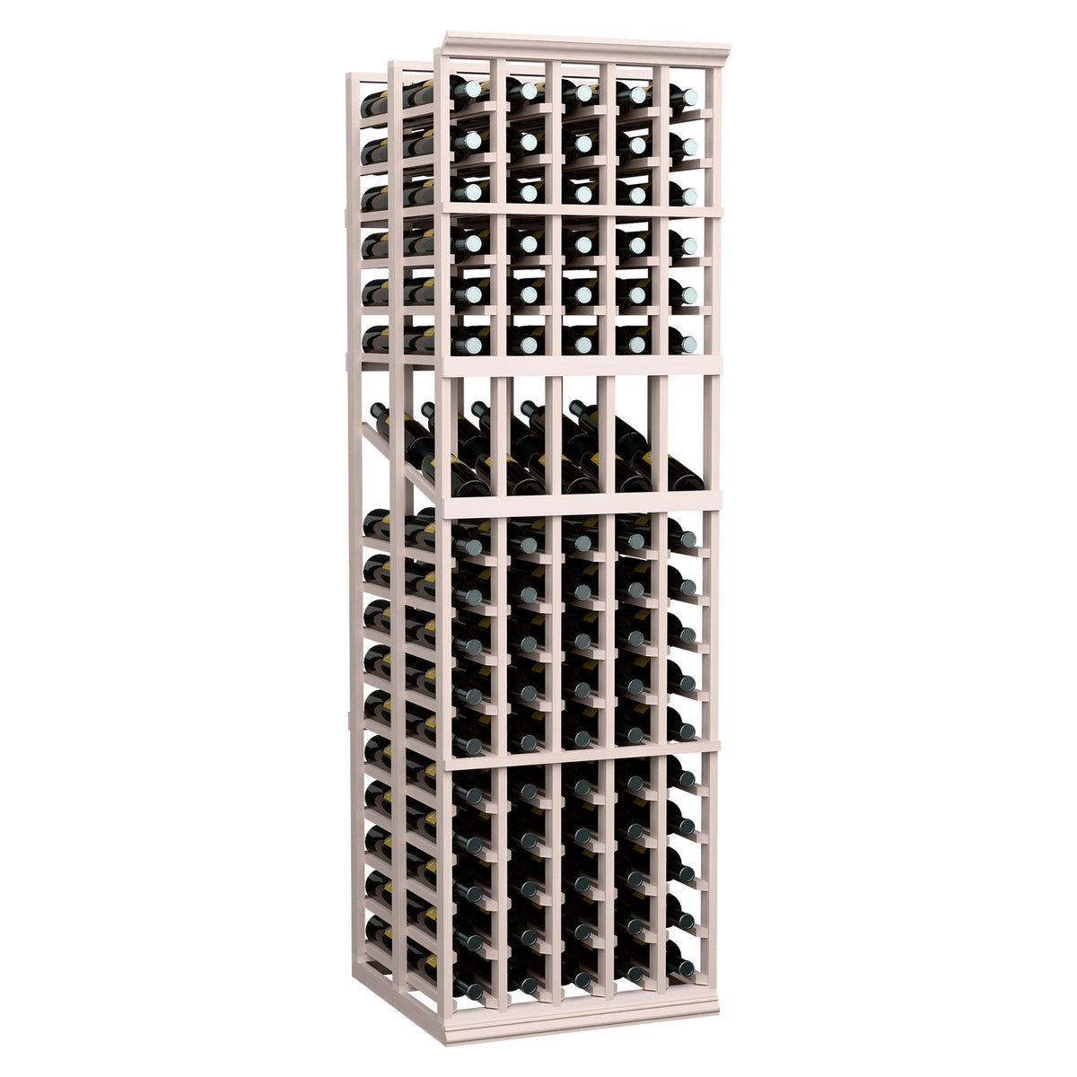Wine display rack with bottle slots, light gray wood frame holding bottles