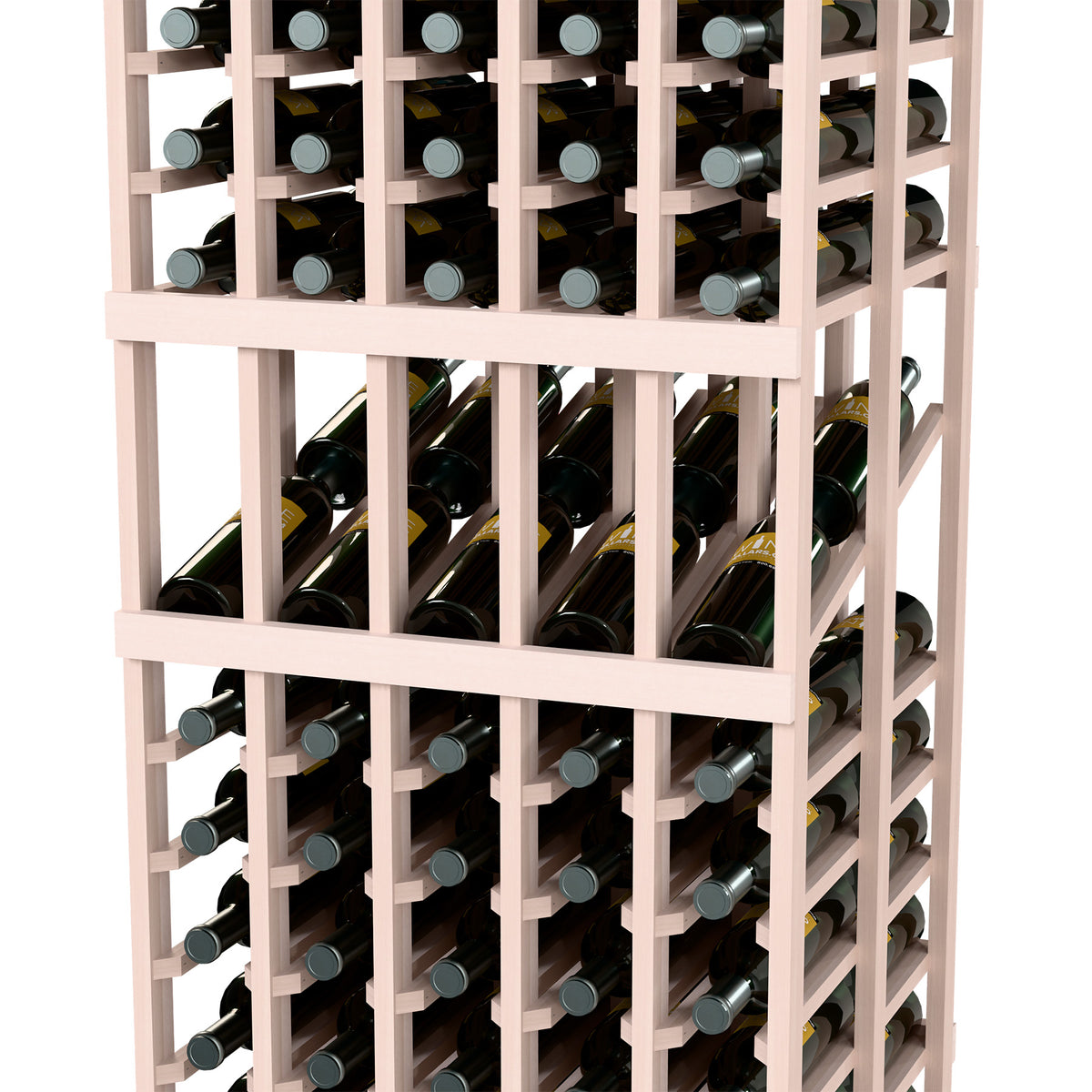 Wine display rack close-up, light gray bottle slots holding green wine bottles
