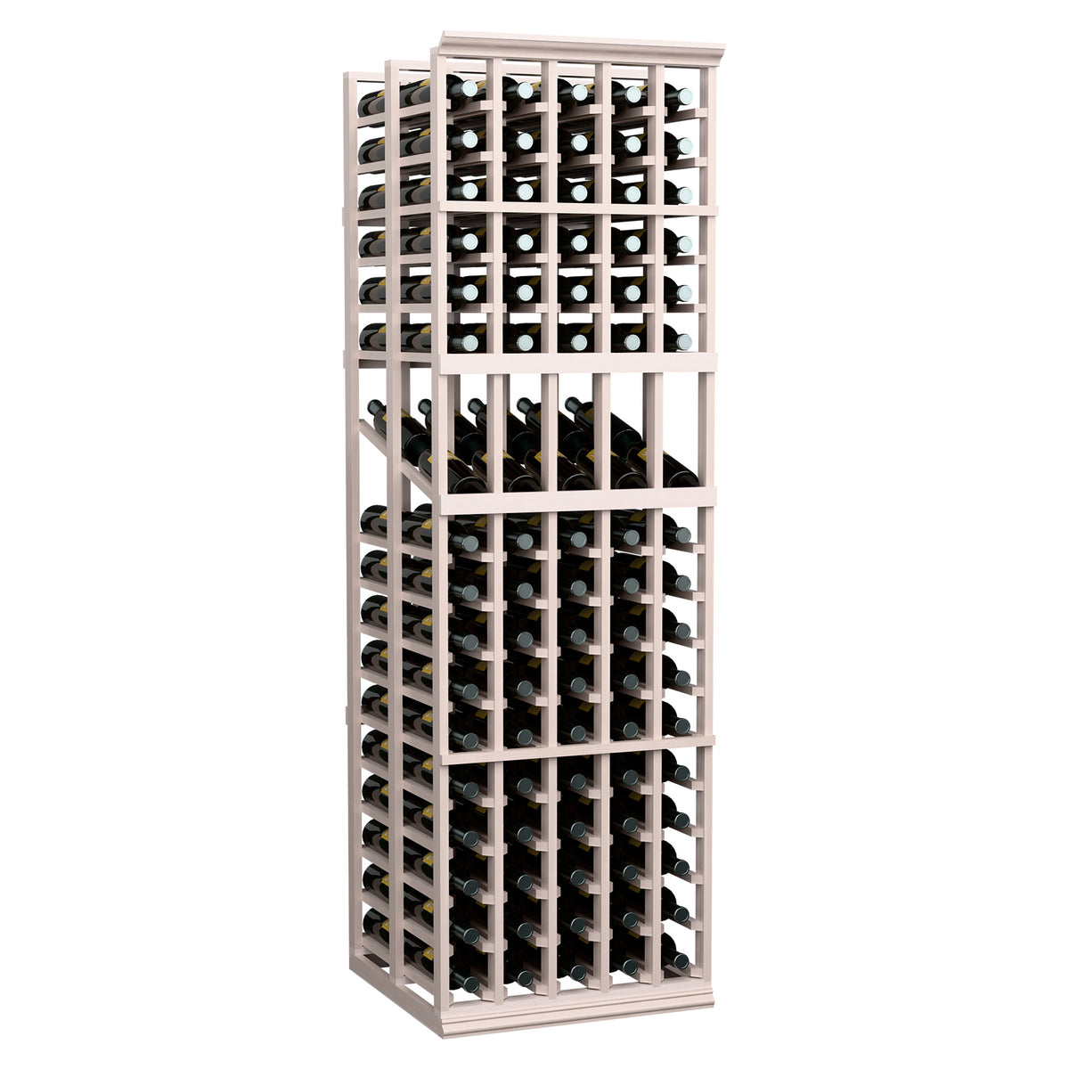 Wine display rack with bottle slots, gray wood frame holding bottles with light labels