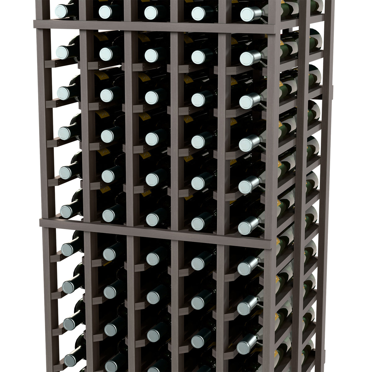 Double-deep wine bottle rack detail, dark frame with rows of bottles in square cells