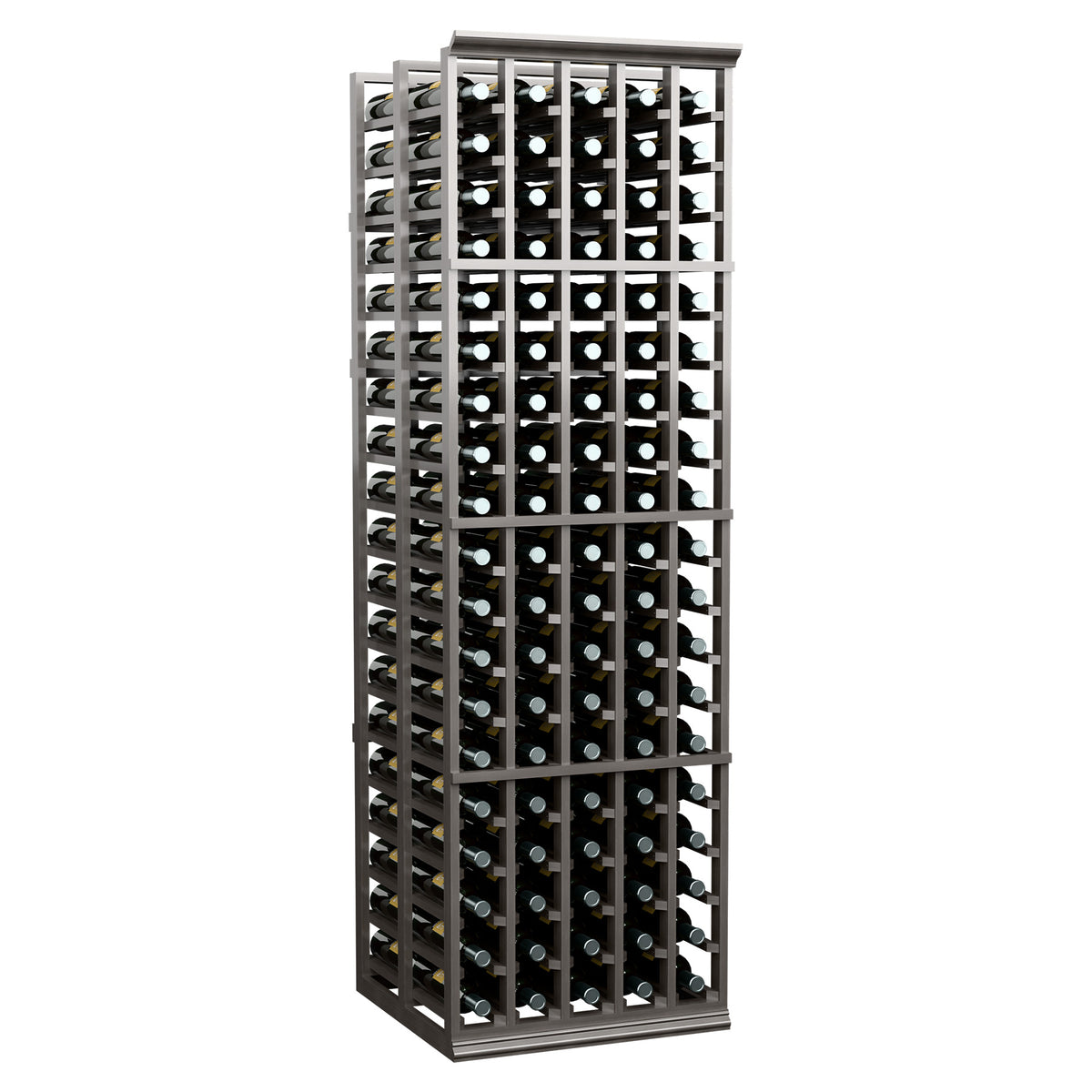 Double-deep wine bottle rack, tall black frame with multiple bottle rows and compartments