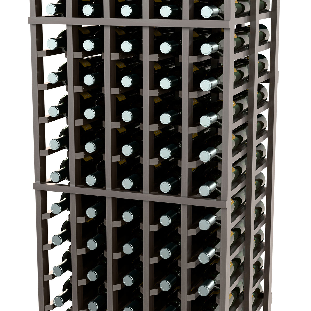 Double-deep wine bottle rack detail, dark brown/black frame with bottles in grid rows