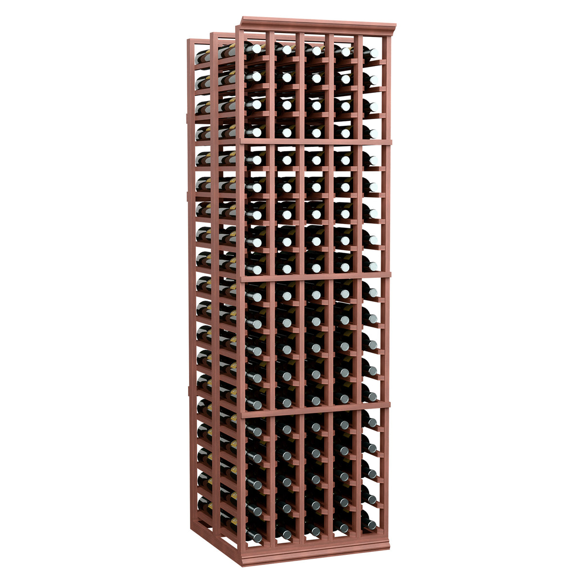 Double-deep wine bottle rack, warm brown wood frame with multiple bottle rows