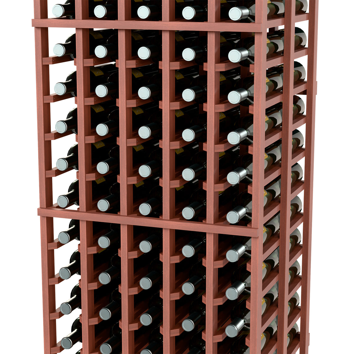 Double-deep wine bottle rack detail, warm brown frame with bottles in front and side rows